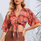 Printed Tie Front Cropped Dolman Sleeve Blouse