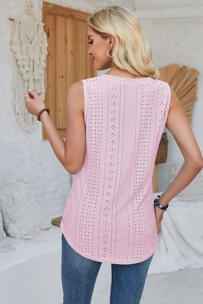 Eyelet Decorative Button V-Neck Tank