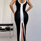 Mia Contrast Wide Strap Slit Midi Dress