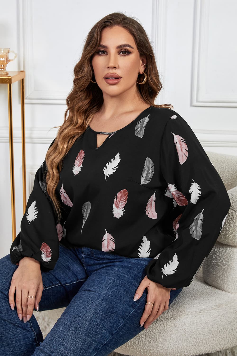 Plus Size Printed Round Neck Long Sleeve Cutout Blouse