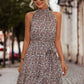 Women's Floral Frill Trim Keyhole Sleeveless Dress