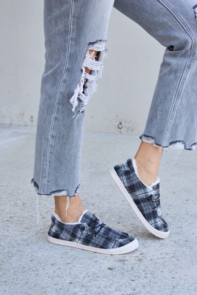 Forever Link Black Plaid Plush Flat Sneakers