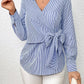Bow Tie Waist Johnny Collar Neck Striped Blouse