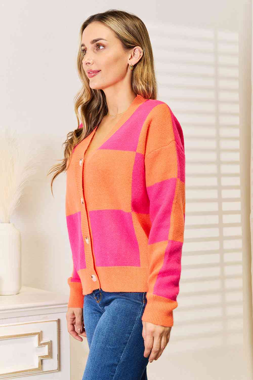 Woven Right Checkered V-Neck Dropped Shoulder Cardigan *