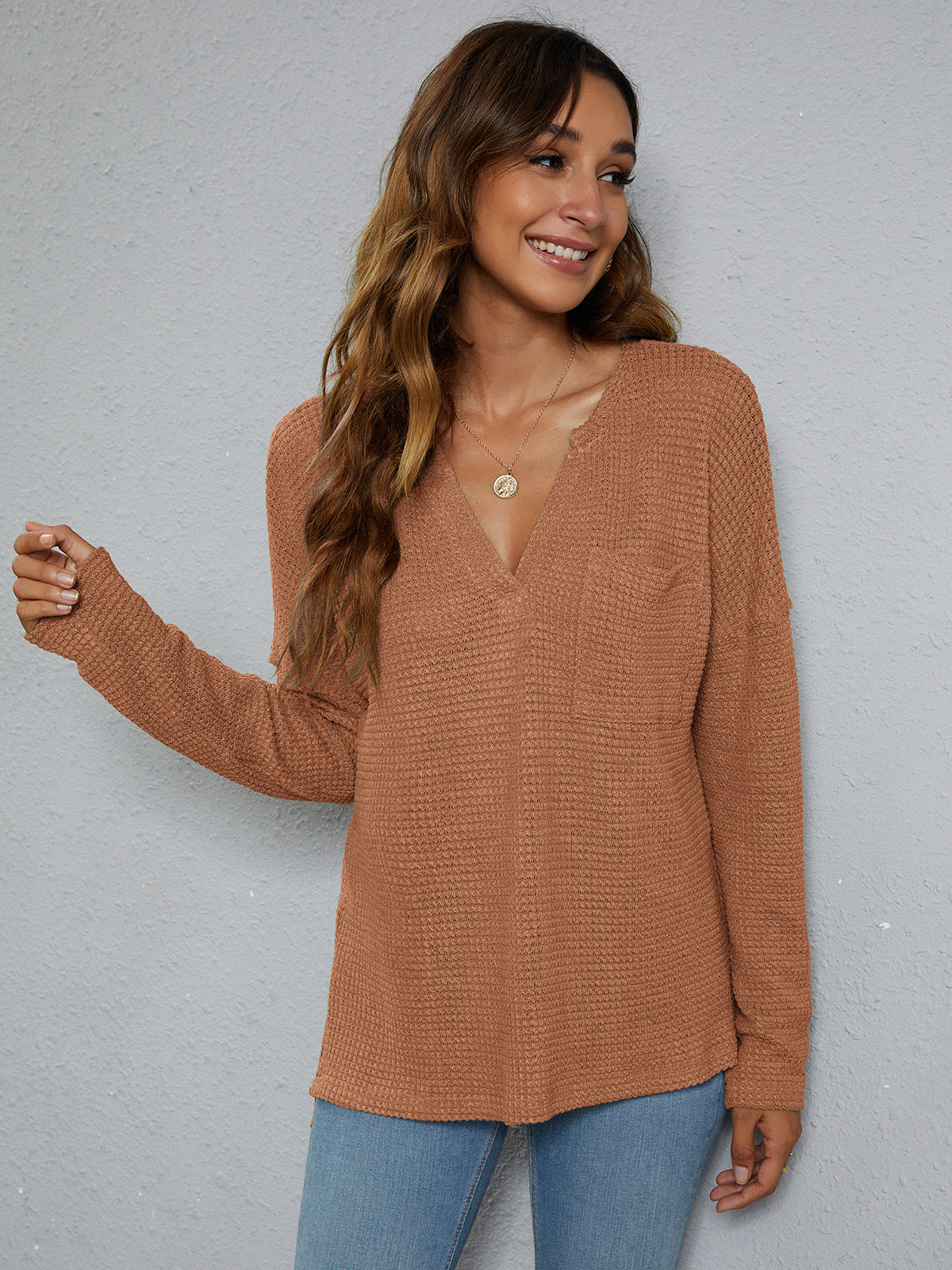 Beauteous Dropped Shoulder High-Low Waffle-Knit Top