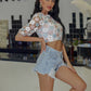EillyBazar Floral Spliced Mesh Keyhole Cropped Top