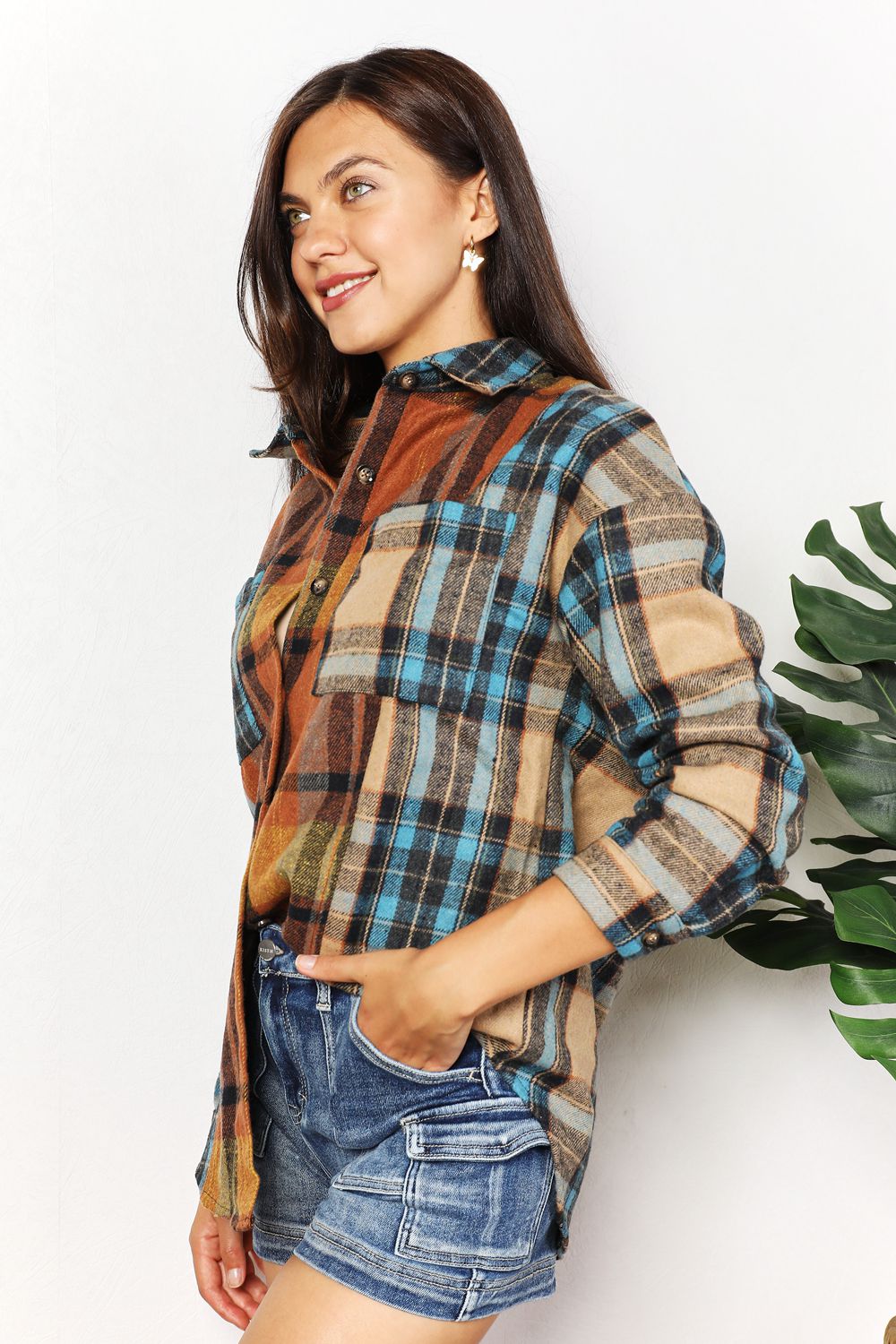 Double Take Full Size Plaid Curved Hem Shirt Jacket with Breast Pockets *