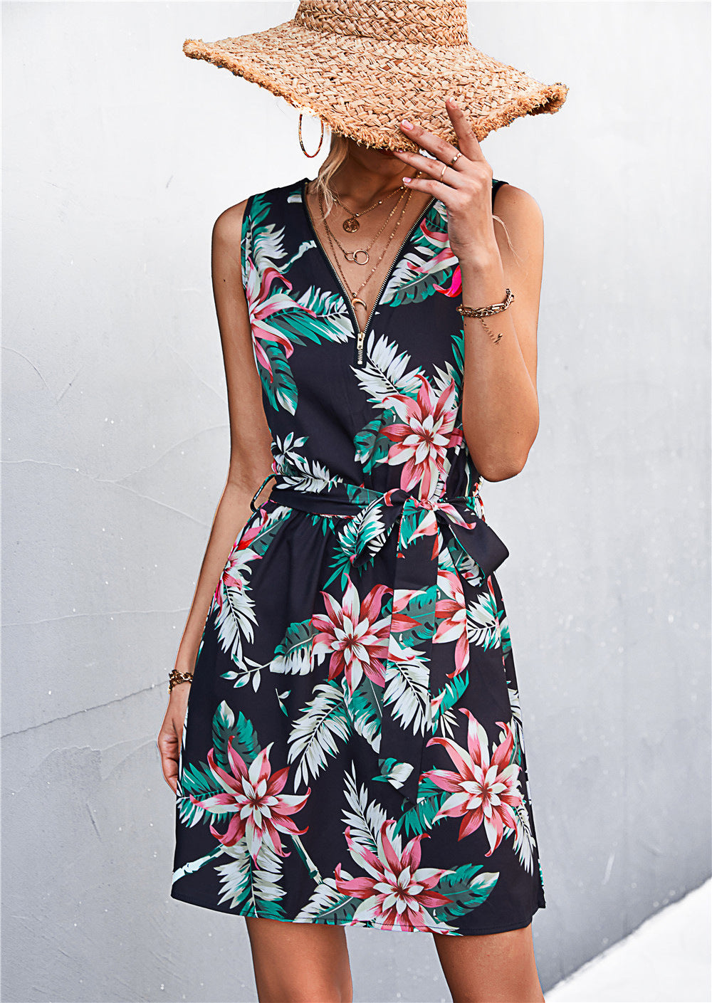 Women's Printed Zip Detail Belted Sleeveless Dress