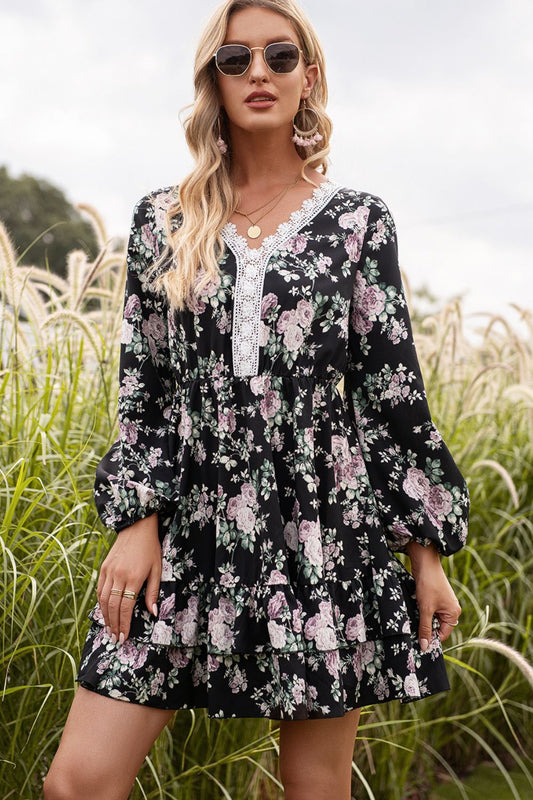 SO SASSY Floral Lace Trim Long Sleeve Dress