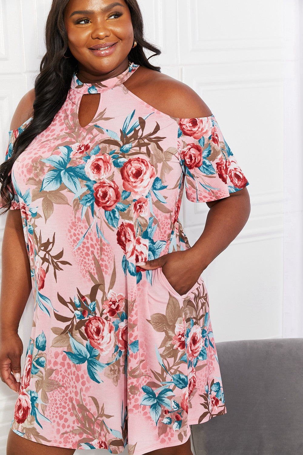 Women's Sew In Love Full Size Fresh-Cut Flowers Cold-Shoulder Midi Dress