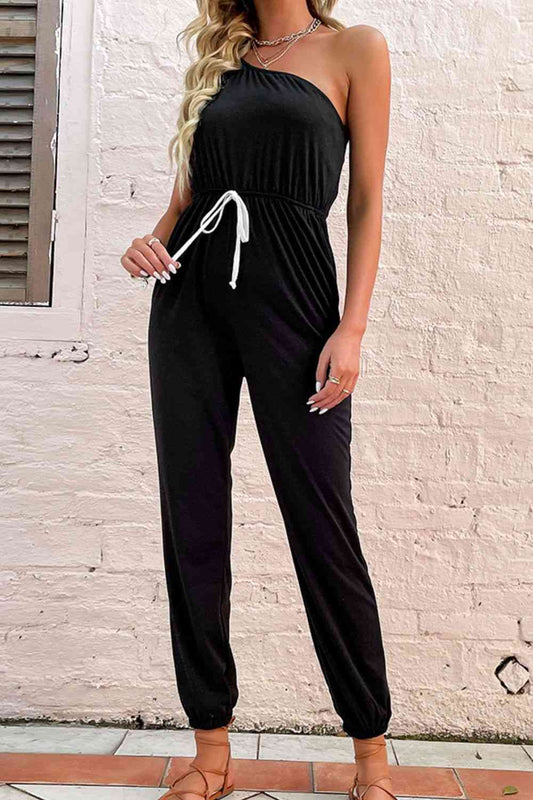 Black One-Shoulder Drawstring Waist Jogger Jumpsuit