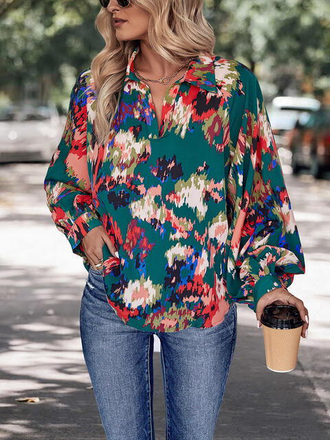 Green Printed Johnny Collar Long Sleeve Blouse