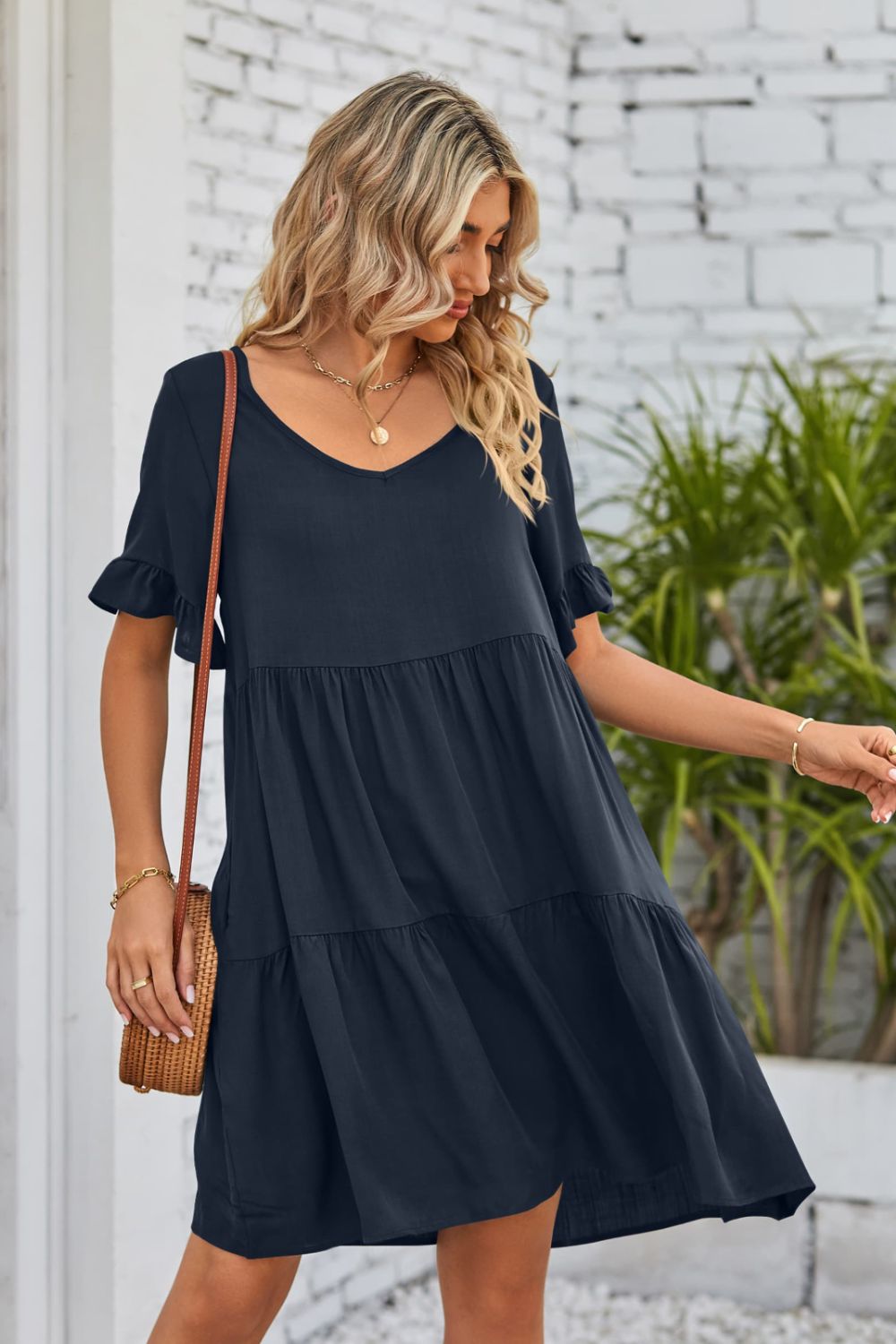 SO BOHO Full Size V-Neck Flounce Sleeve Tiered Dress