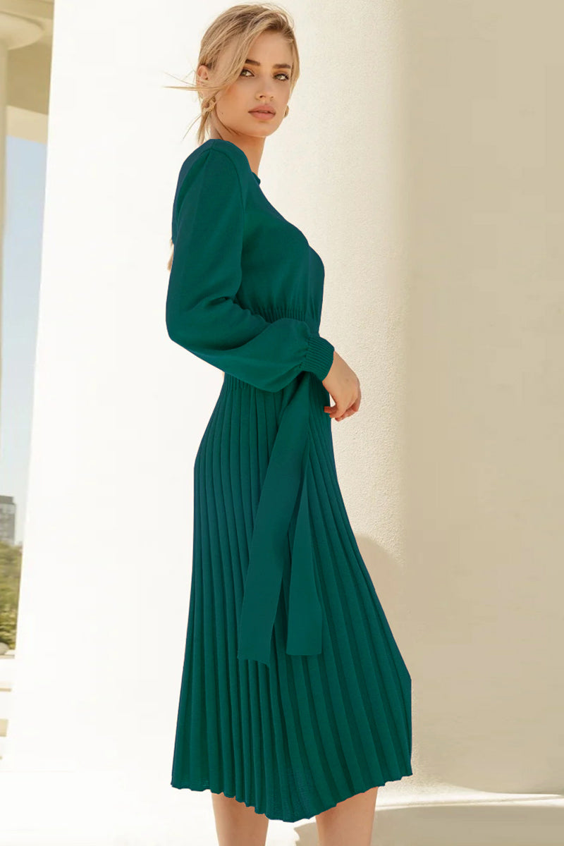 Full Size Round Neck Long Sleeve Pleated Sweater Dress