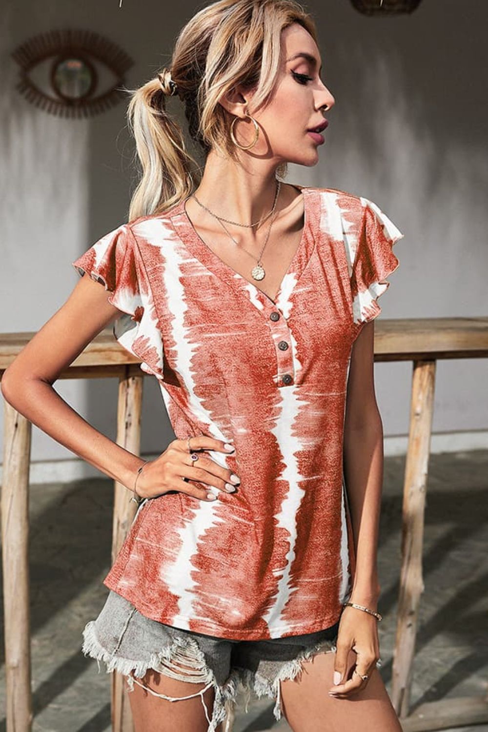 Women's Tie-Dye Buttoned Flutter Short Sleeve Blouse