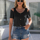 Decorative Button Round Neck Cold Shoulder T-Shirt