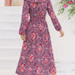 Purple Printed Long Sleeve Slit Midi Dress