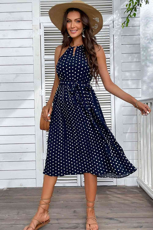 Navy Blue Full Size Polka Dot Tie-Waist Sleeveless Midi Dress