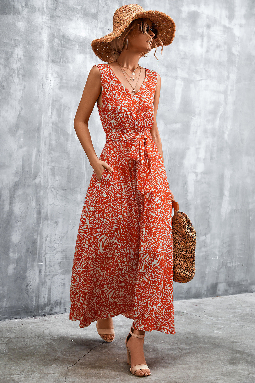 Full Size Printed V-Neck Tie Waist Maxi Dress