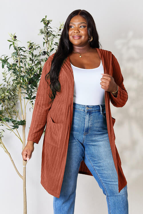 Basic Bae Full Size Ribbed Open Front Long Sleeve Cardigan *