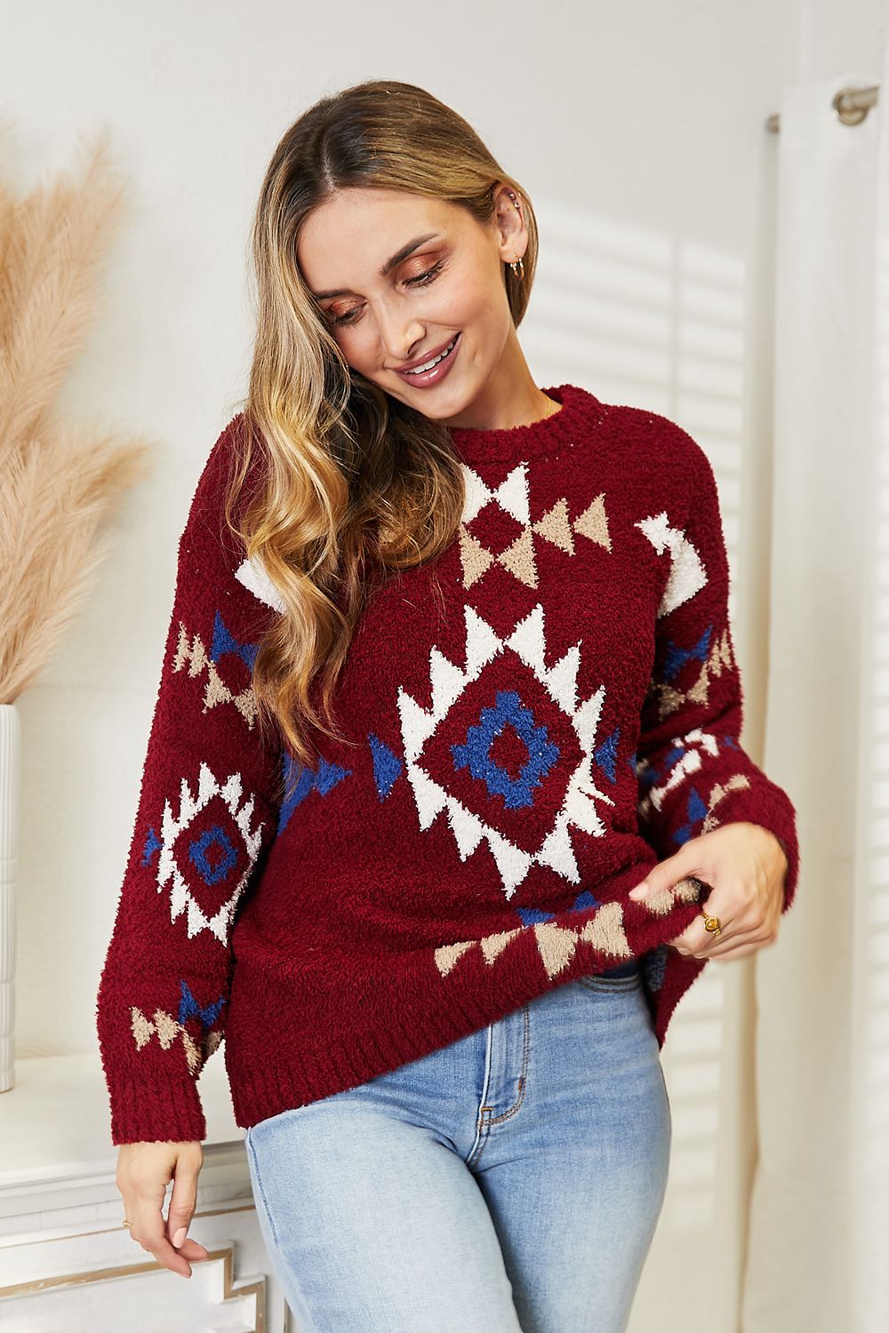 HEYSON Wine Full Size Aztec Soft Fuzzy Sweater