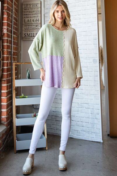 Culture Code Color Block Round Neck Dropped Shoulder Blouse *