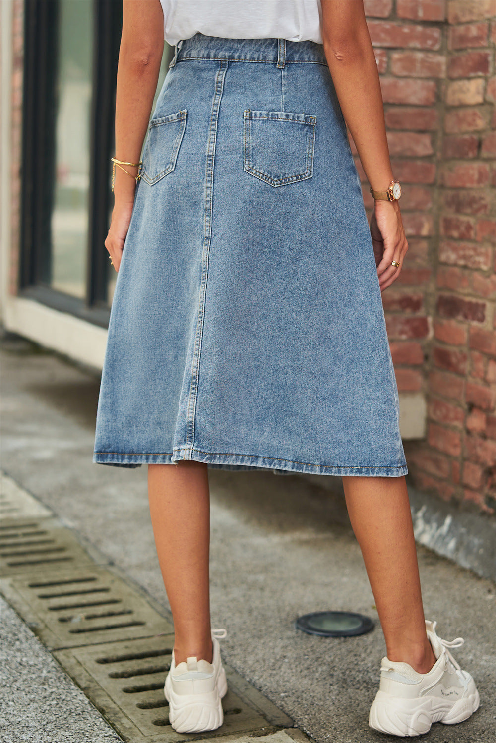 Full Size Button Front A-Line Denim Skirt