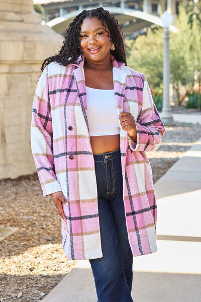Double Take Full Size Plaid Button Up Lapel Collar Coat *