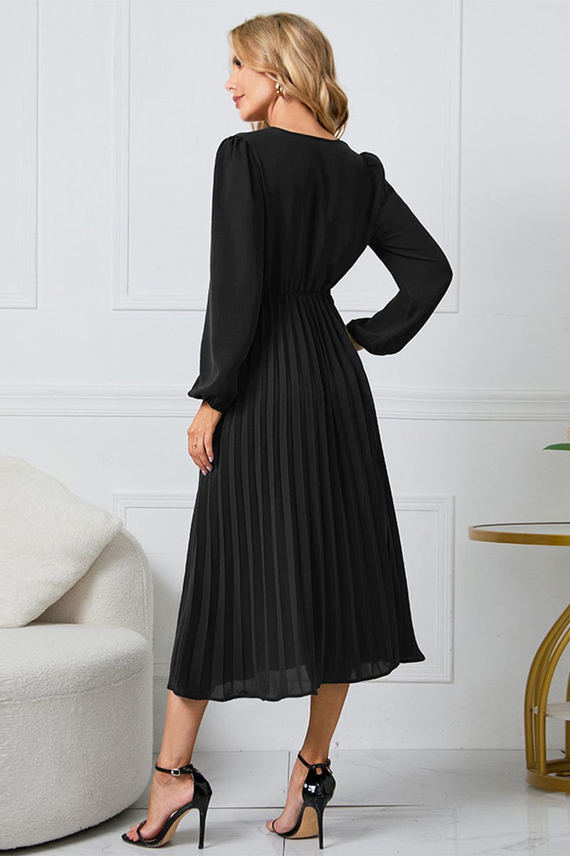 Full Size V-Neck Long Sleeve Tie Waist Midi Dress