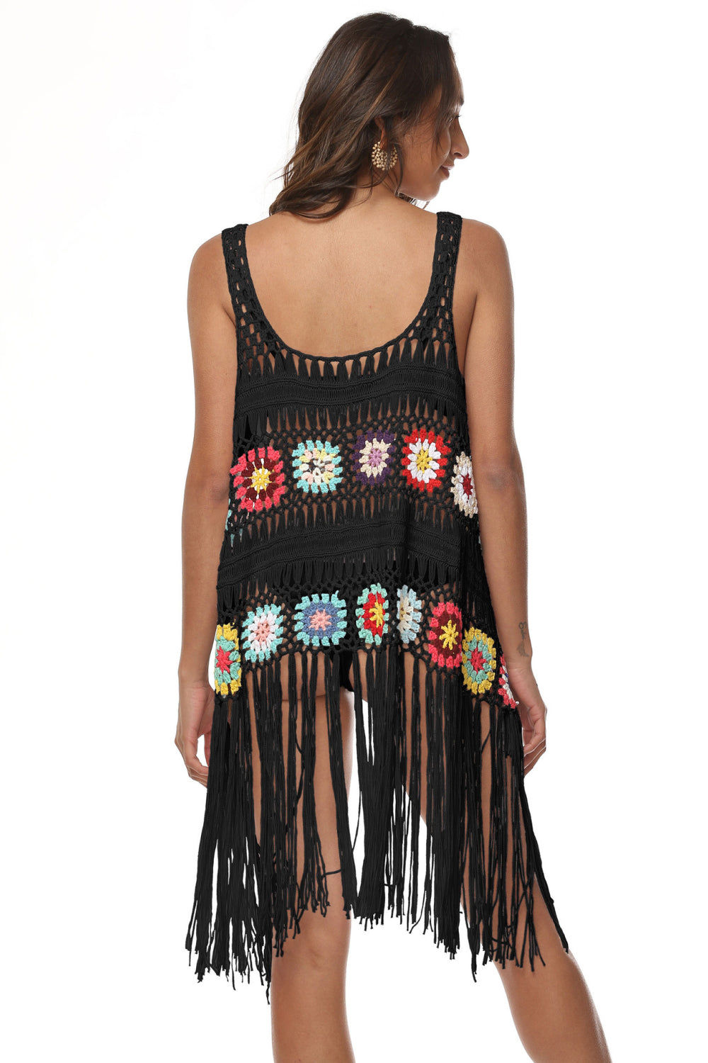 One Size Openwork Fringe Detail Embroidery Sleeveless Cover-Up