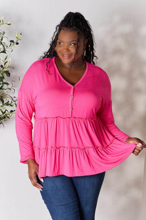 Double Take Half Button Long Sleeve Ruffle Hem Blouse *
