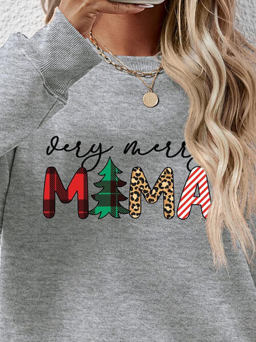 Christmas Themed VERY MERRY MAMA Letter Graphic Round Neck Long Sleeve Sweatshirt