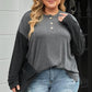 Plus Size Charcoal Gray Round Neck Long Sleeve Buttoned Blouse