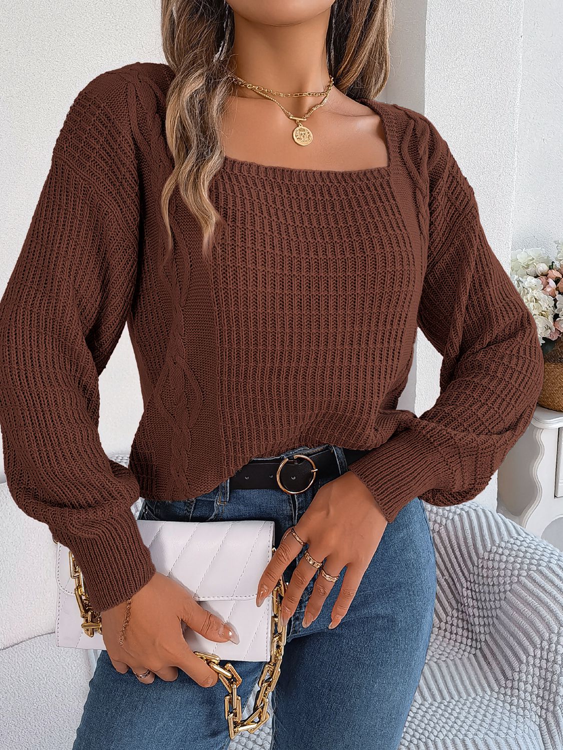 Chic Babe' Square Neck Mixed Knit Sweater 🦋