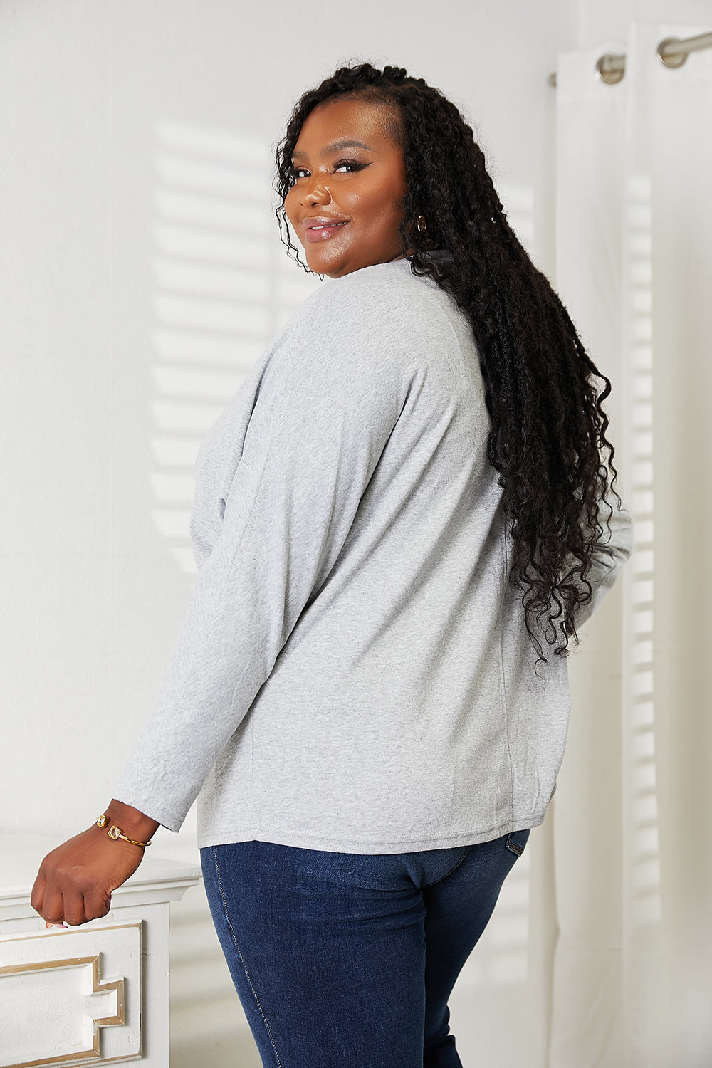 Double Take Light Gray Full Size Seam Detail Round Neck Long Sleeve Top *