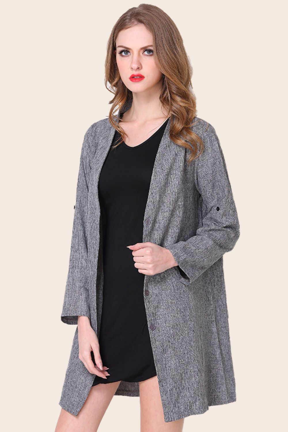 Women's Plus Size Heathered Button Front Trench Coat