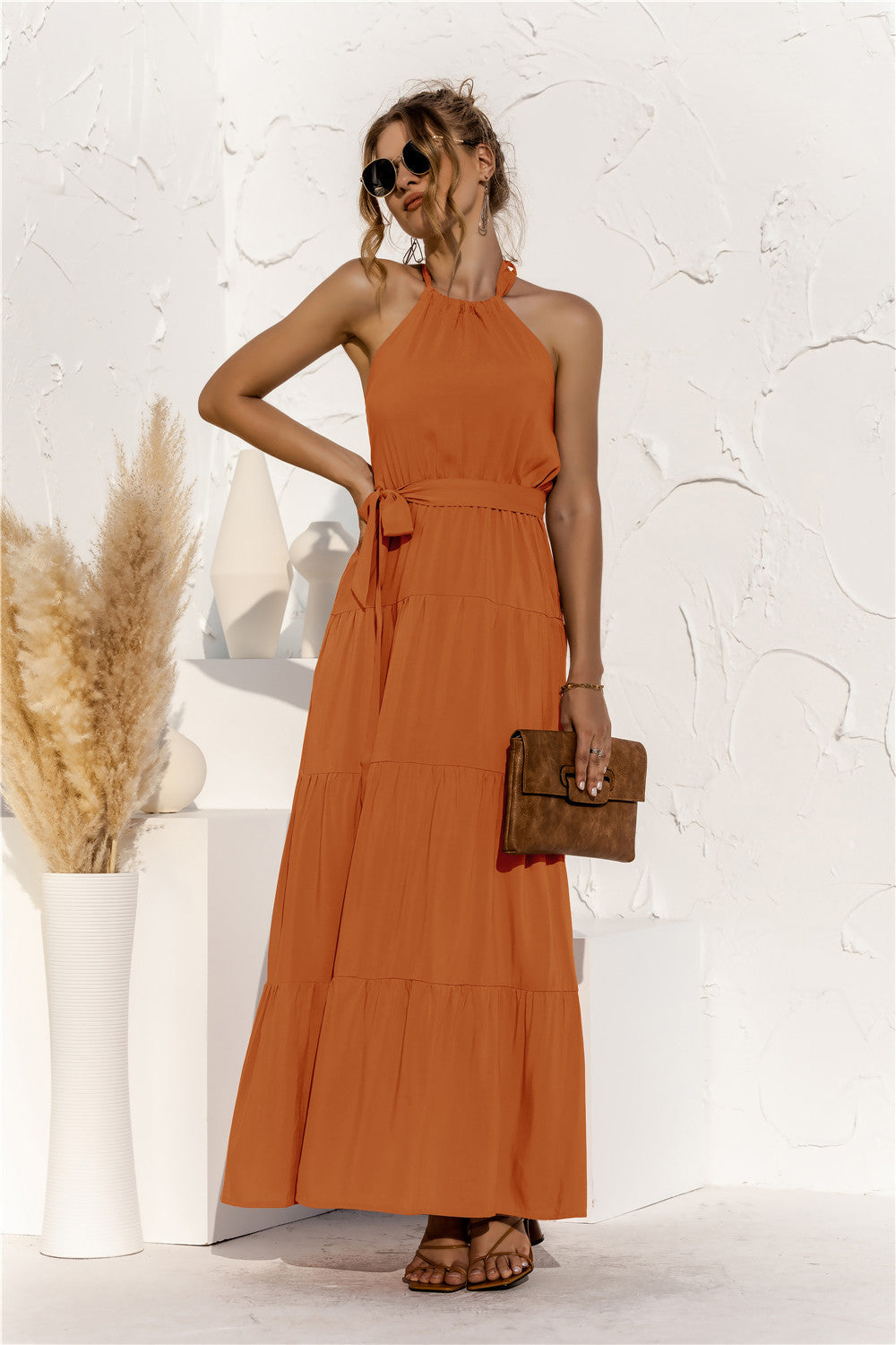 Women's Halter Neck Tie Waist Tiered Maxi Dress