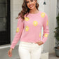 Malibu Dreams Flower Pattern Round Neck Short Sleeve Pullover Sweater