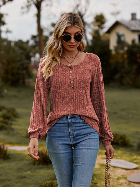 Full Size Round Neck Button-Down Long Sleeve Tee