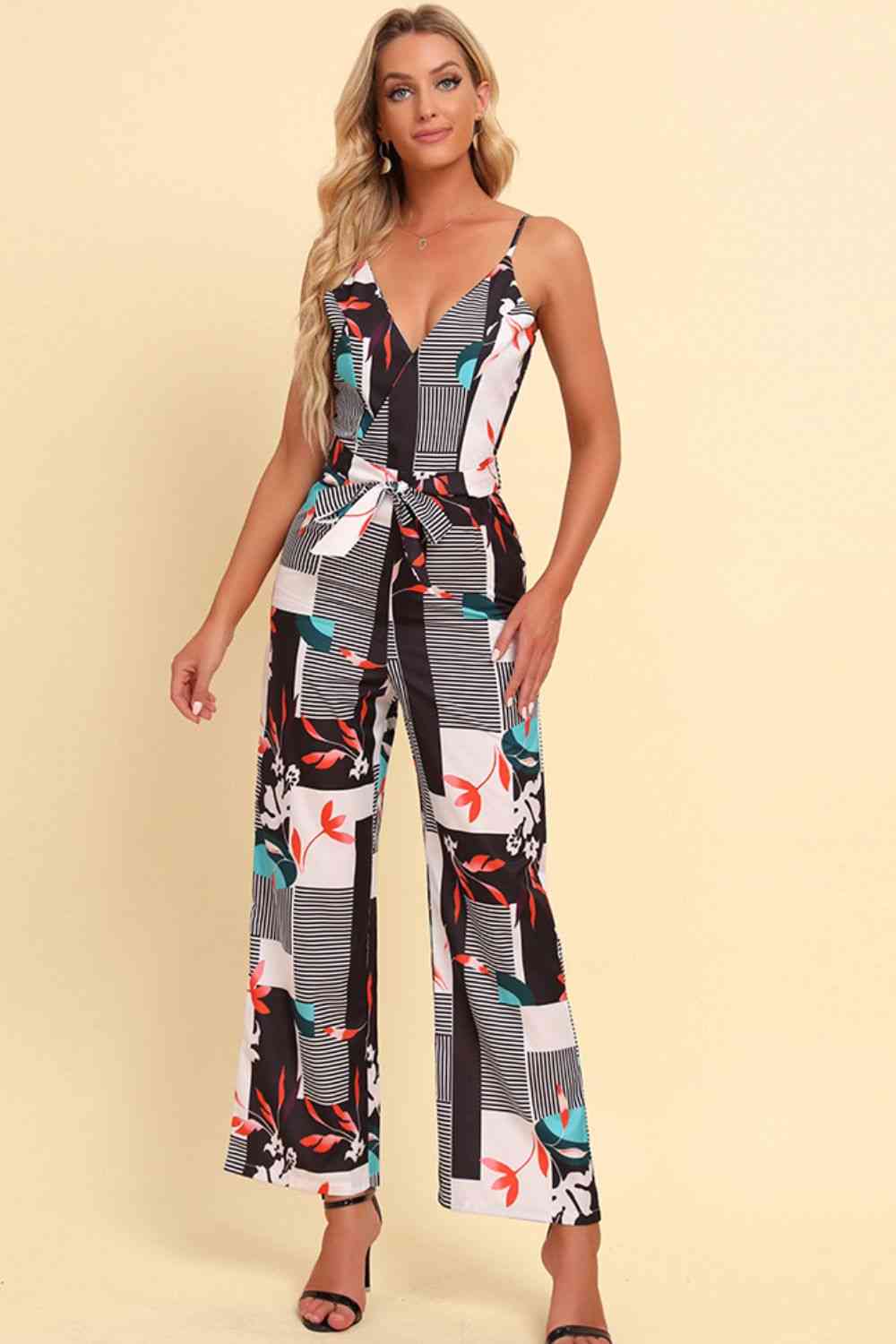 White Printed Spaghetti Strap Tied Jumpsuit