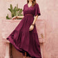 Openwork V-Neck Flare Sleeve Ruched Dress