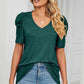 Heathered V-Neck Puff Sleeve T-Shirt