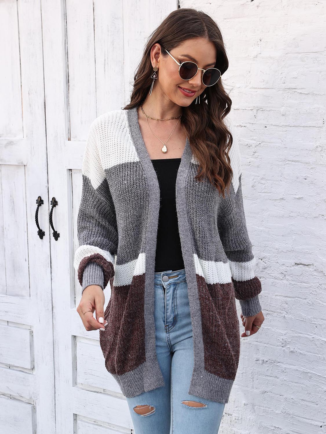 One Size Color Block Open Front Cardigan