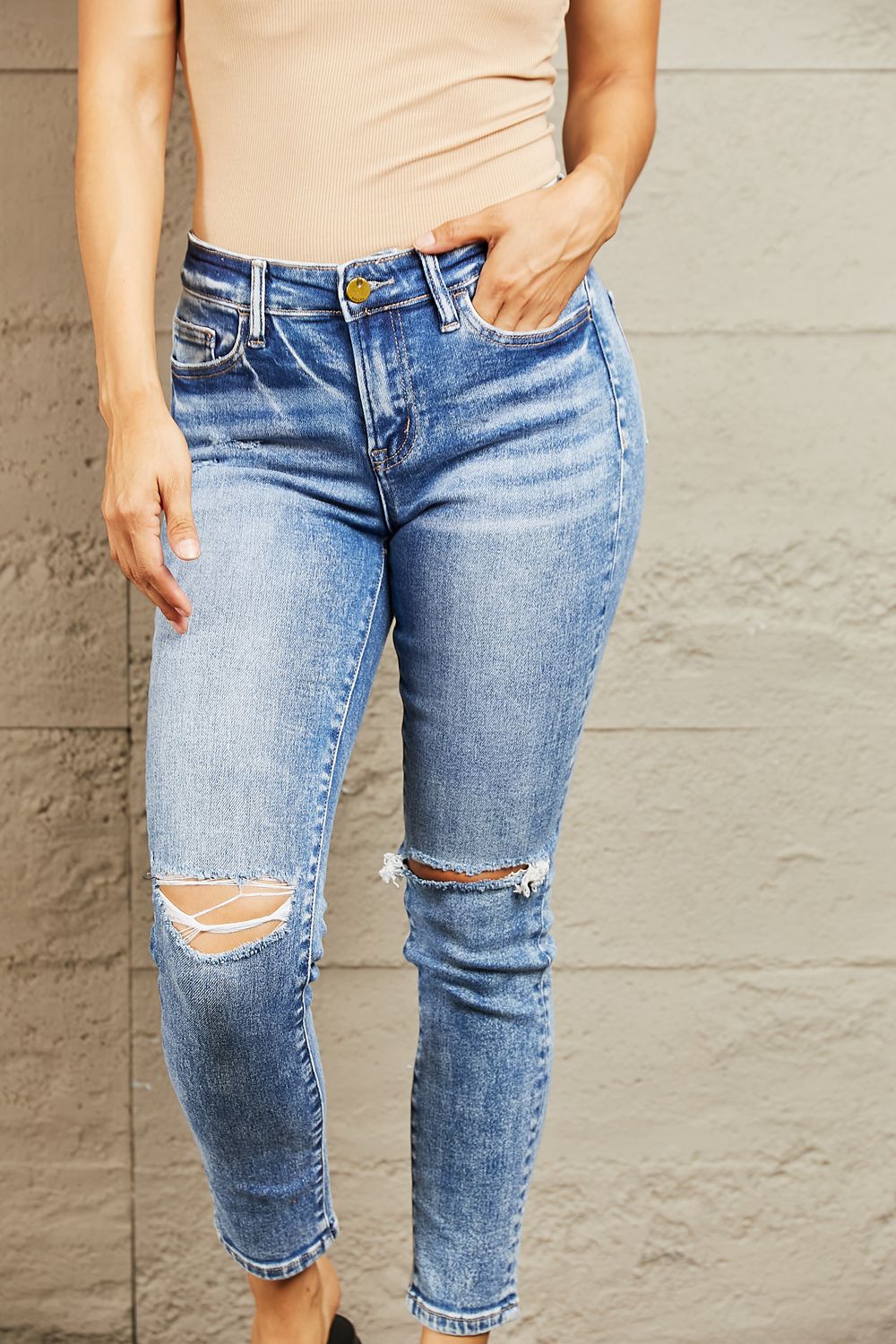 BAYEAS Medium Blue Mid Rise Distressed Skinny Jeans