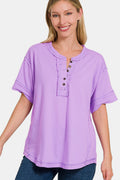 Zenana Exposed Seam Half Button Short Sleeve Top *