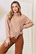 Woven Right Turtleneck Fringe Front Long Sleeve Sweater *