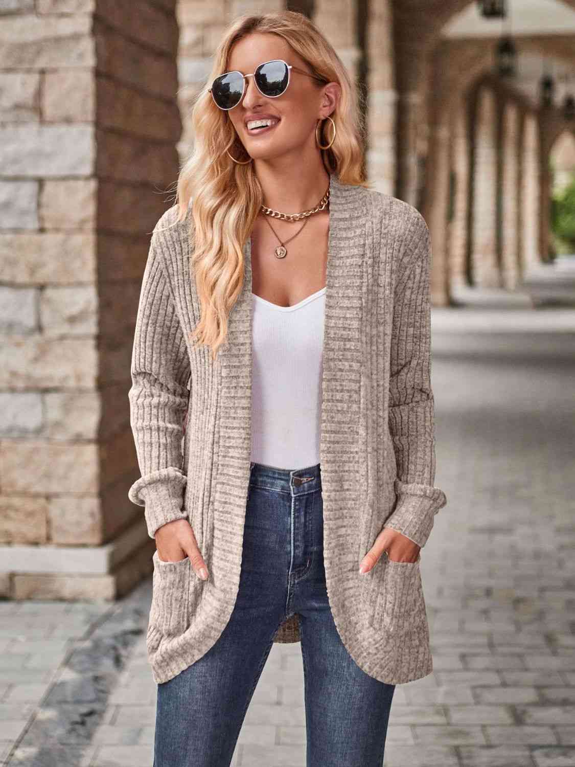 Full Size Open Front Cardigan with Pockets