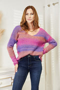 Double Take Multicolored Rib-Knit V-Neck Knit Pullover *