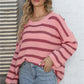 One Size Round Neck Dropped Shoulder Striped Sweater