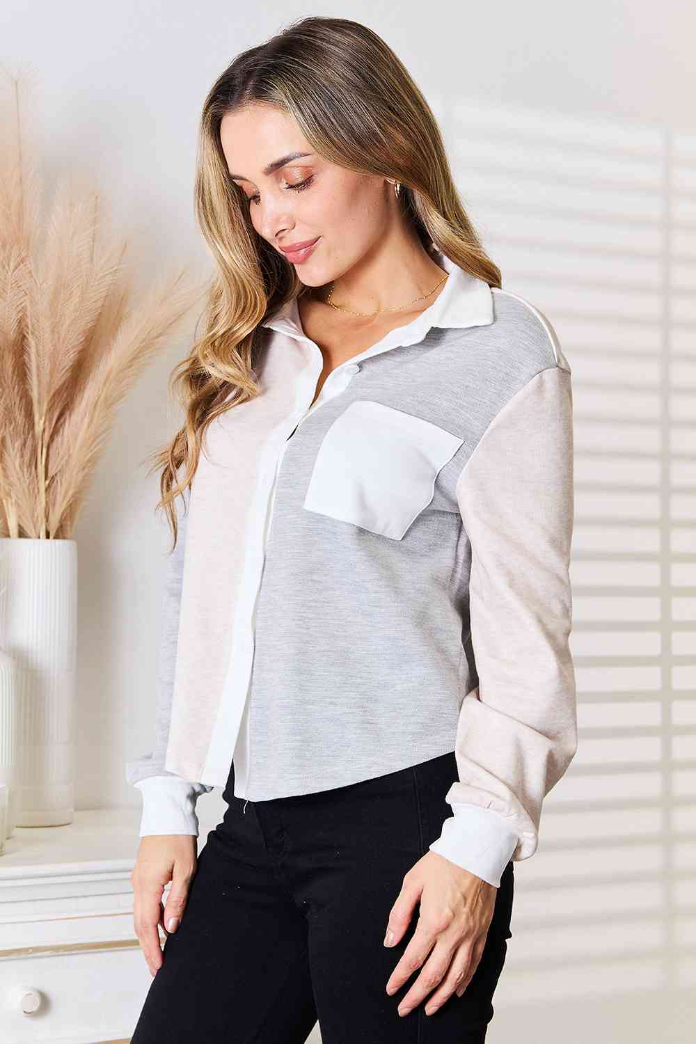 Double Take Color Block Curved Hem Shirt *